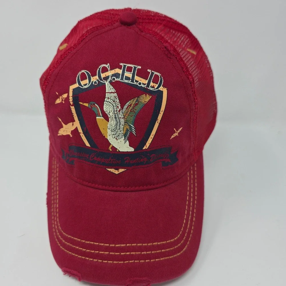 O.C.H.D. Trucker Hat OSFM Hunting OCHD Mallard Duck Red Distressed Mesh Cap